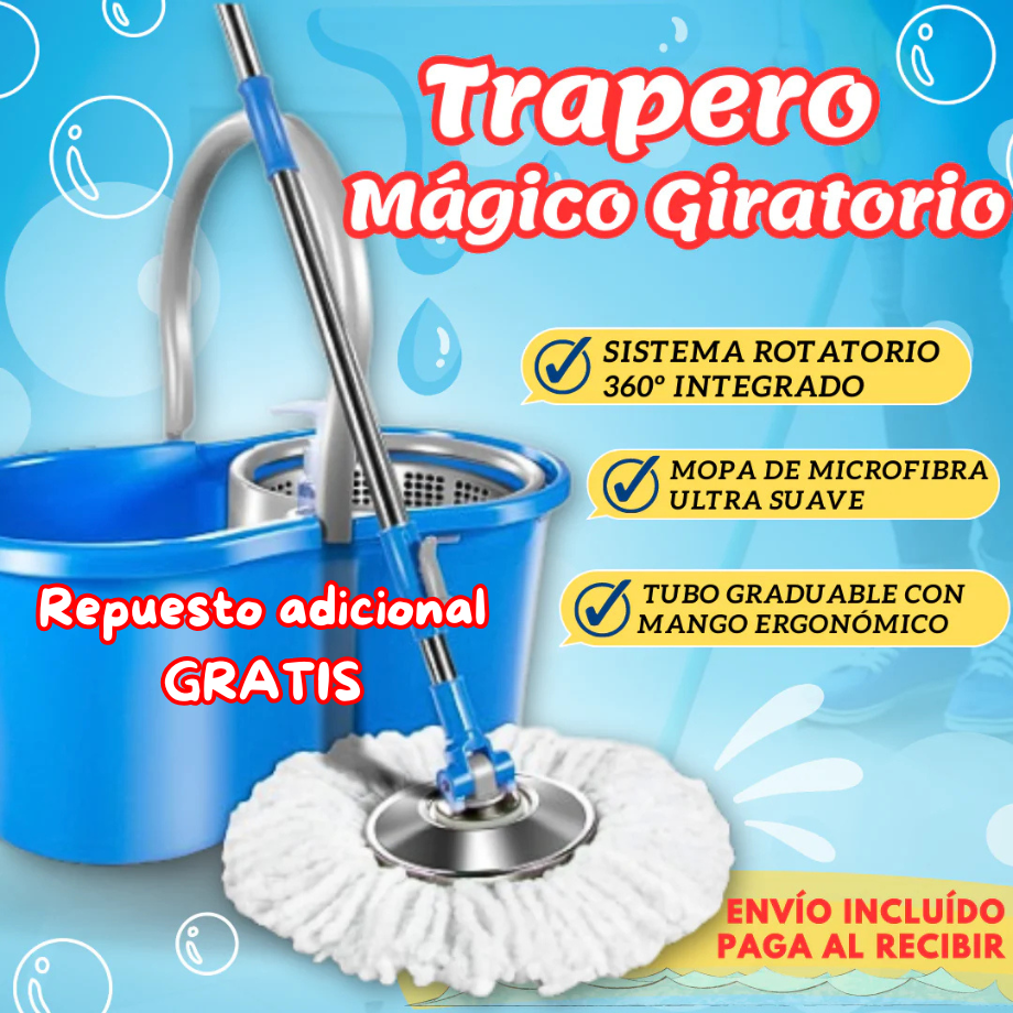🧼 Trapeador Giratorio 360° GRANDE y Cubeta con desagüe + Repuesto Adicional GRATIS 🎁